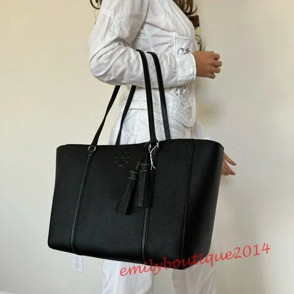 NWT Tory Burch 144689 Thea Tote In Black Pebble Leather Large